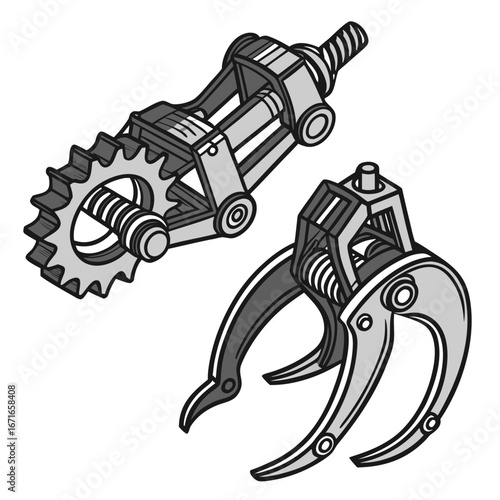 Two mechanical robotic claws with gears and pistons isolated on a white background
