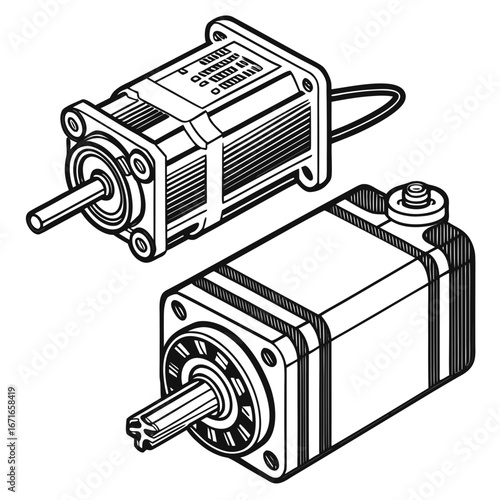 Two isometric line art illustrations of electric motors with shafts and mounting flanges on a white background