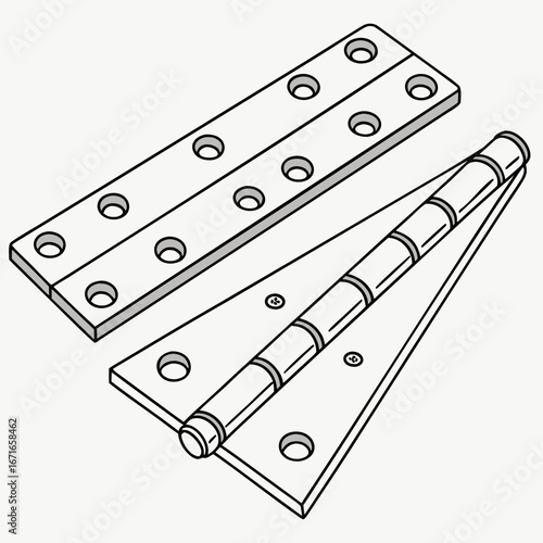 Two metal door hinges with visible screws and mounting holes on a white background