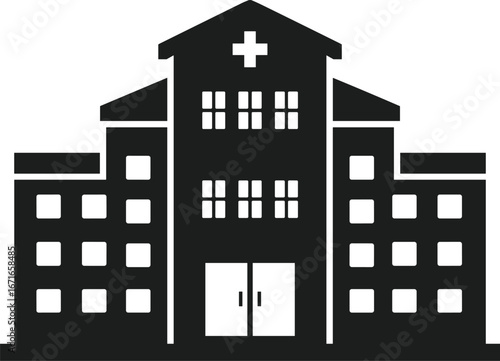 Modern hospital building icon, medical facility silhouette, healthcare center front view, emergency structure illustration, flat vector illustration, health symbol