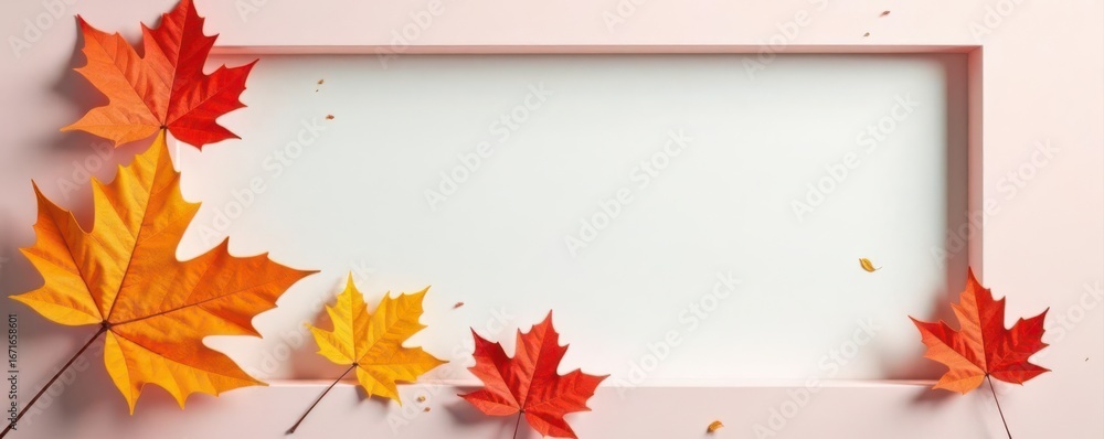 Obraz premium Pastel backdrop, fall elements, white frame, empty space Minimalist autumnal composition , rustic, background, october