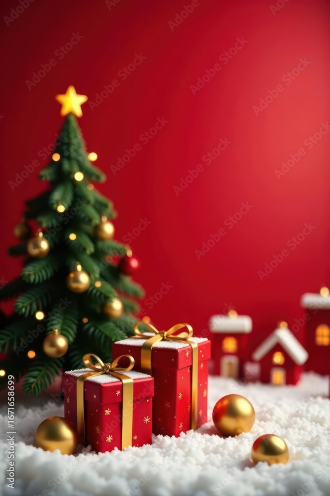 Obraz premium Red background, Xmas tree, gift box, gold balls, snow, city houses Festive New Year banner , holidays, festive