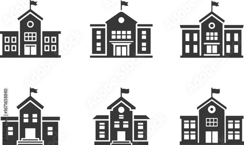 School building icons set, education institution silhouettes, academic campus vector illustrations, flag on roof, classroom windows, flat vector illustration