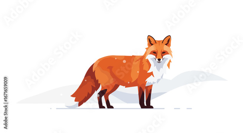 Fox Standing Quietly on Snowy Ground in Winter Landscape Flat Illustration