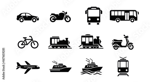 Set of transportation icons including land, air and sea
