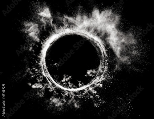 White powder explosion forming a circular shape against a stark black background, creating a dramatic and dynamic visual effect