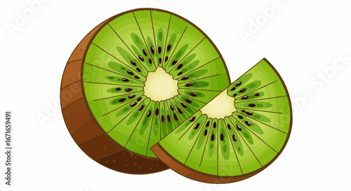 Vibrant Green Sliced Kiwi Fruit Illustration with Half and Wedge Isolated on White Background