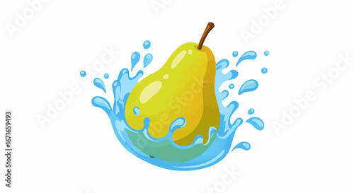 Juicy Green-Yellow Pear Splashing in Clear Water Drops - Fresh Fruit Vector Illustration