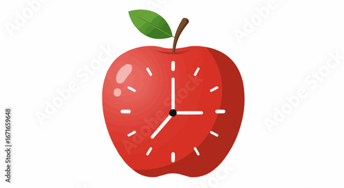 Red Apple with Clock Face Illustration Symbolizing Healthy Timing, Nutrition Schedule, and Education Concepts