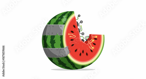 Futuristic Watermelon with Integrated Technology and Glowing Circuits