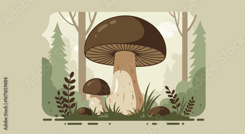Mushrooms Growing Together in Forest Glade