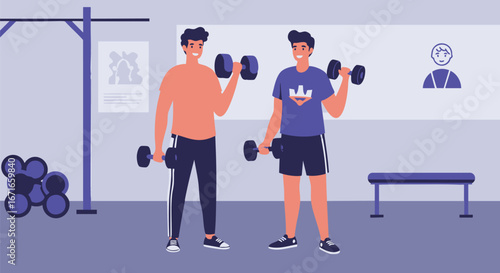 Vector illustration of two male friends exercising together with free weights inside a modern fitness facility
