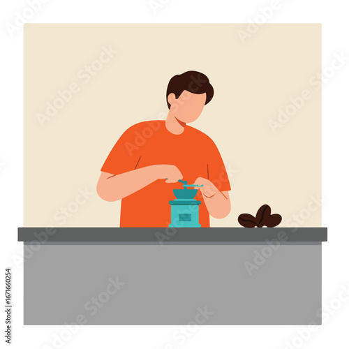 Person Grinding Coffee Beans at the Counter