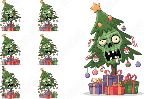 Zombie Christmas tree, creepy holiday decoration, funny undead tree art, horror Xmas character, spooky festive design, scary tree gift box