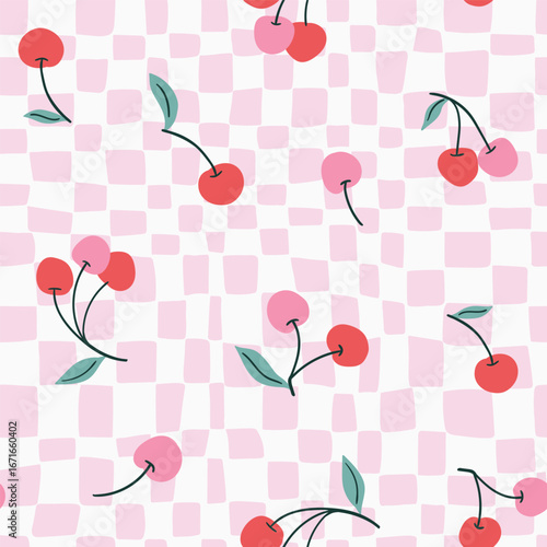 Vector seamless fruit pattern. Cherry repeat food background on checkered pink background. Fruit fabric design in hand-drawn y2k style.Vintage print for fabrics, wallpaper or wrapping paper.