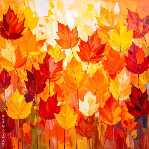 Vibrant autumn leaves in warm hues, painted with visible brushstrokes