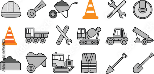 construction, tools, helmet, shovel, truck, cone, vest, vector, icons, safety, worker, site, machine, digger, loader