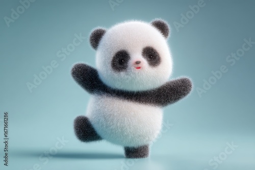 A panda bear with black and white fur playfully stands on its hind legs, showcasing its adorable smile. This lively display captures the heartwarming nature of these gentle animals.