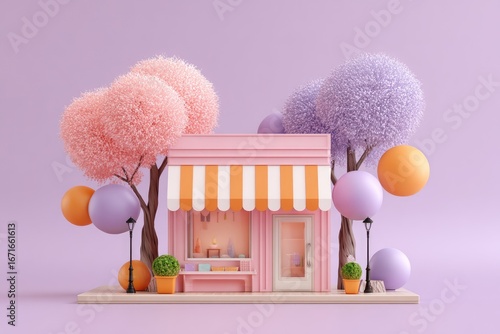 Pastel shop facade w/ striped awning, surrounded by round & heart-shaped trees, set on a platform
