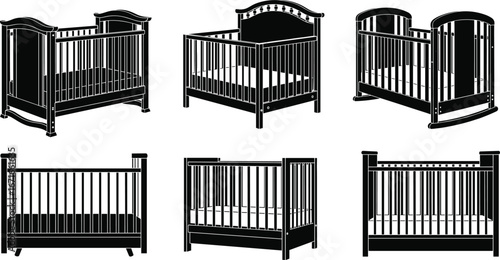 Collection of baby crib silhouettes in various classic and modern styles, perfect for nursery, infant, toddler furniture design vectors.