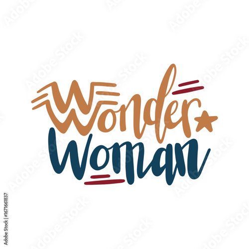 Stylized "Wonder Woman" text: "Wonder" in brown script above "Woman" in blue, accented with lines and a star, against a white background.