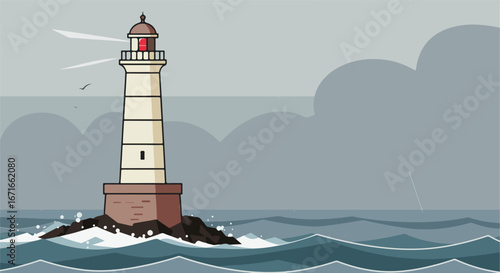 Lighthouse Shines Light Over Ocean Coastline in Cloudy Weather