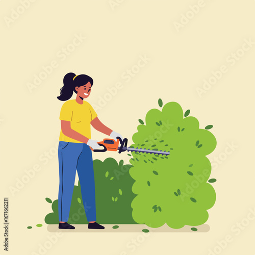 Woman Trimming Bush with Hedge Trimmer Outdoors