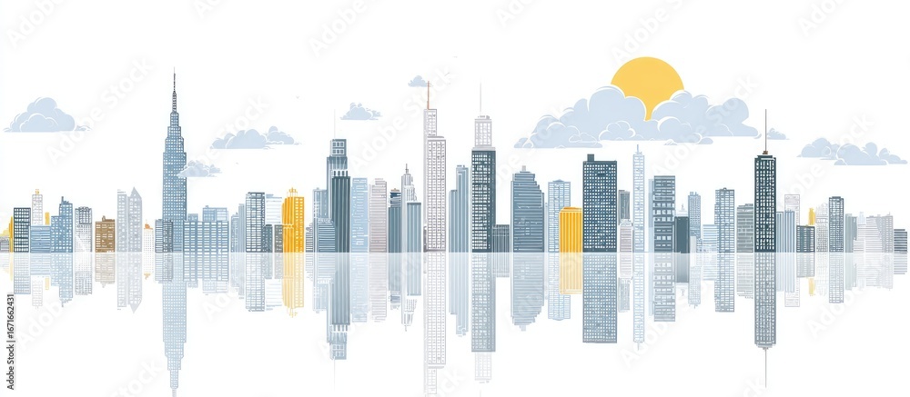 Fototapeta premium City skyline reflected on water, stylized illustration
