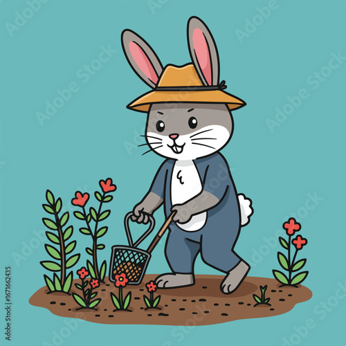 Bunny Gardener Harvesting Carrots in Flower Garden