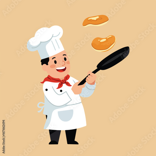 Chef tossing pancakes with a pan in the kitchen