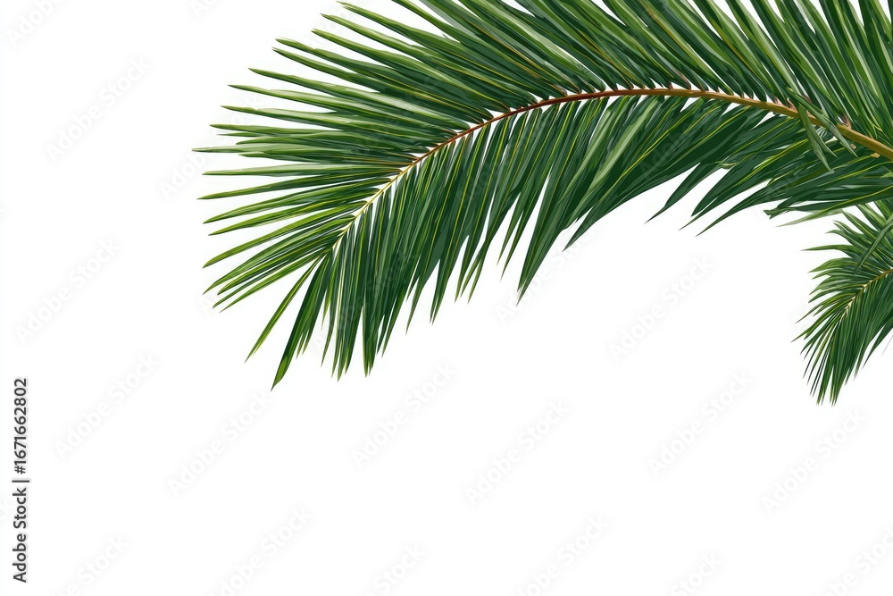 Naklejka premium Palm frond detail Lush green leaves arch over a stark white backdrop. Branch sections overlap creating depth