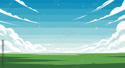 Stunning vibrant sky scene with fluffy clouds and a flying airplane, perfect for travel