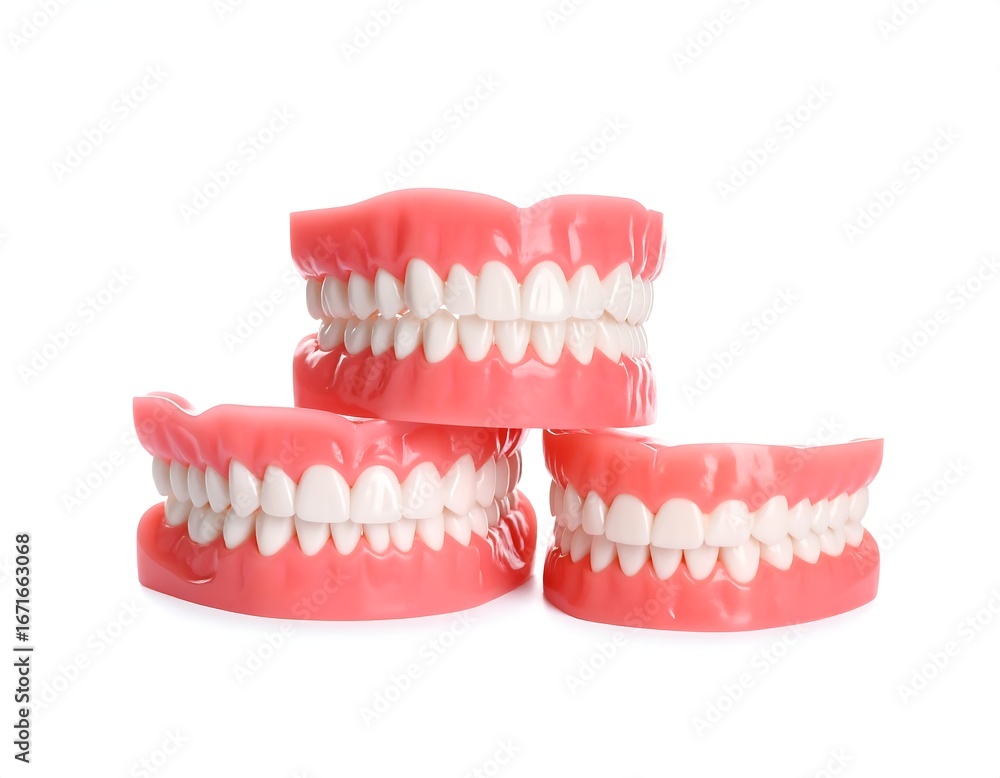 Obraz premium Three pink plastic dentures stacked on a white background