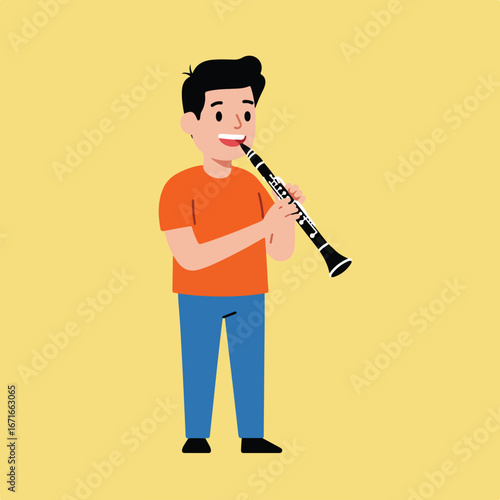 Man Playing Clarinet on Plain Background