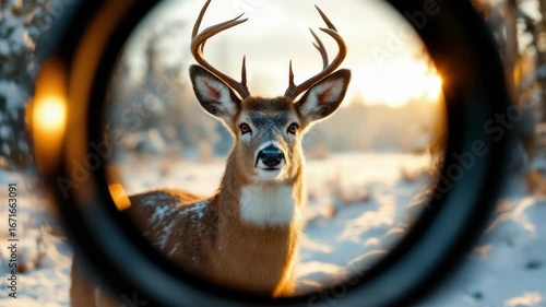 Majestic deer through lens in snowy winter sunrise