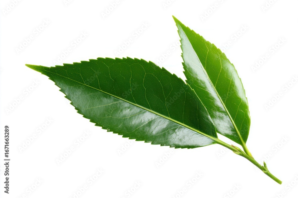 Fototapeta premium Two glossy, serrated green leaves attached to a slender stem, isolated against a clean white background