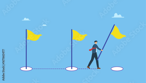 Businessman carry the flag for the next milestone of achievement workflow. Symbolizes workflow or working process, project progress, milestone or achievement tracking, work experience or roadmap.