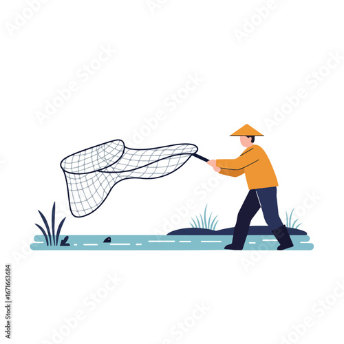 Man Fishing with a Net in a River