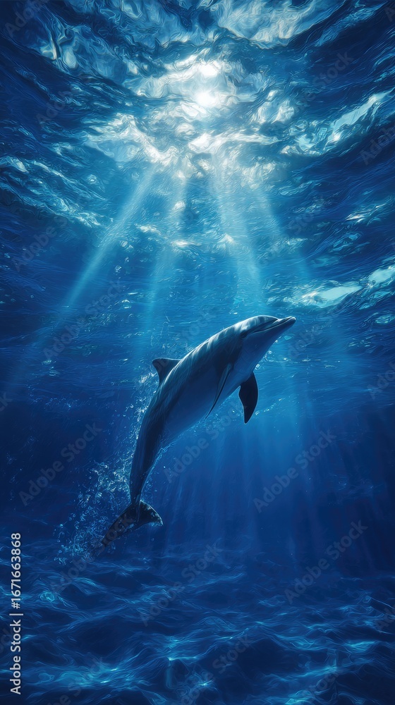 Naklejka premium Dolphin leaps in sunlit deep blue ocean