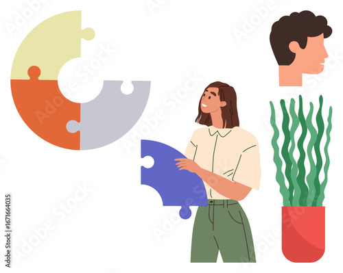 Woman holding puzzle piece near a partially completed puzzle, plant in red pot, profile head. Ideal for teamwork, strategy, collaboration, organization, creativity growth communication. Simple flat