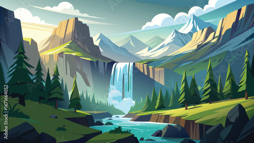 Beautiful summer landscape with mountains and waterfalls. Vector illustration.