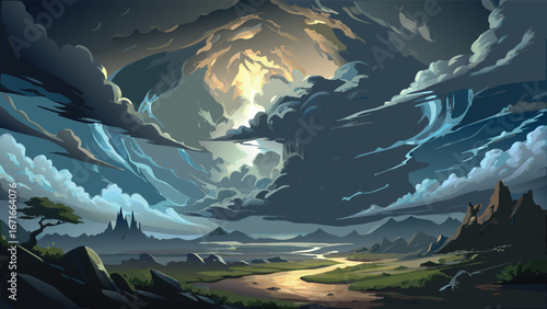 Fantasy landscape with mountains, river and clouds. Vector illustration.