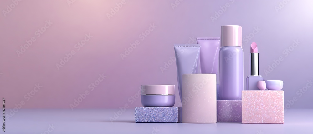 Naklejka premium Colorful purple cosmetic display on pastel pink purple aesthetic 