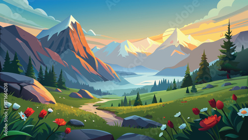 Landscape with mountains, meadows and flowers. Vector illustration.