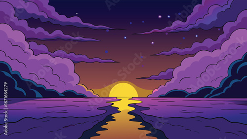 Night landscape with clouds and a river. Vector illustration in cartoon style.