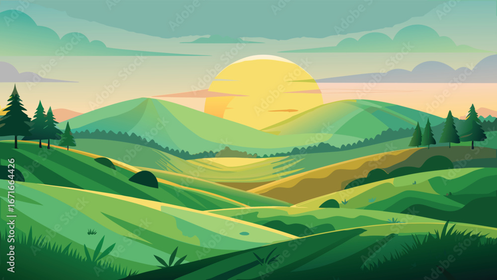 Obraz premium Beautiful summer landscape with green hills and sunset. Vector illustration.