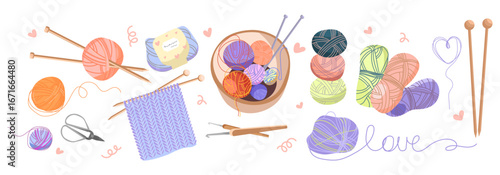 Knitting and crochet set with colorful yarn balls, needles, hooks, scissors, and handmade elements, perfect for craft projects, DIY designs, packaging, stickers. Knitting Supplies Collection vector
