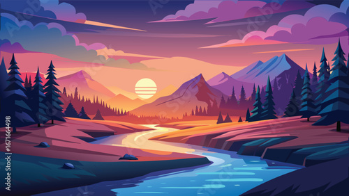 Landscape with river and mountains at sunset. Vector cartoon illustration.