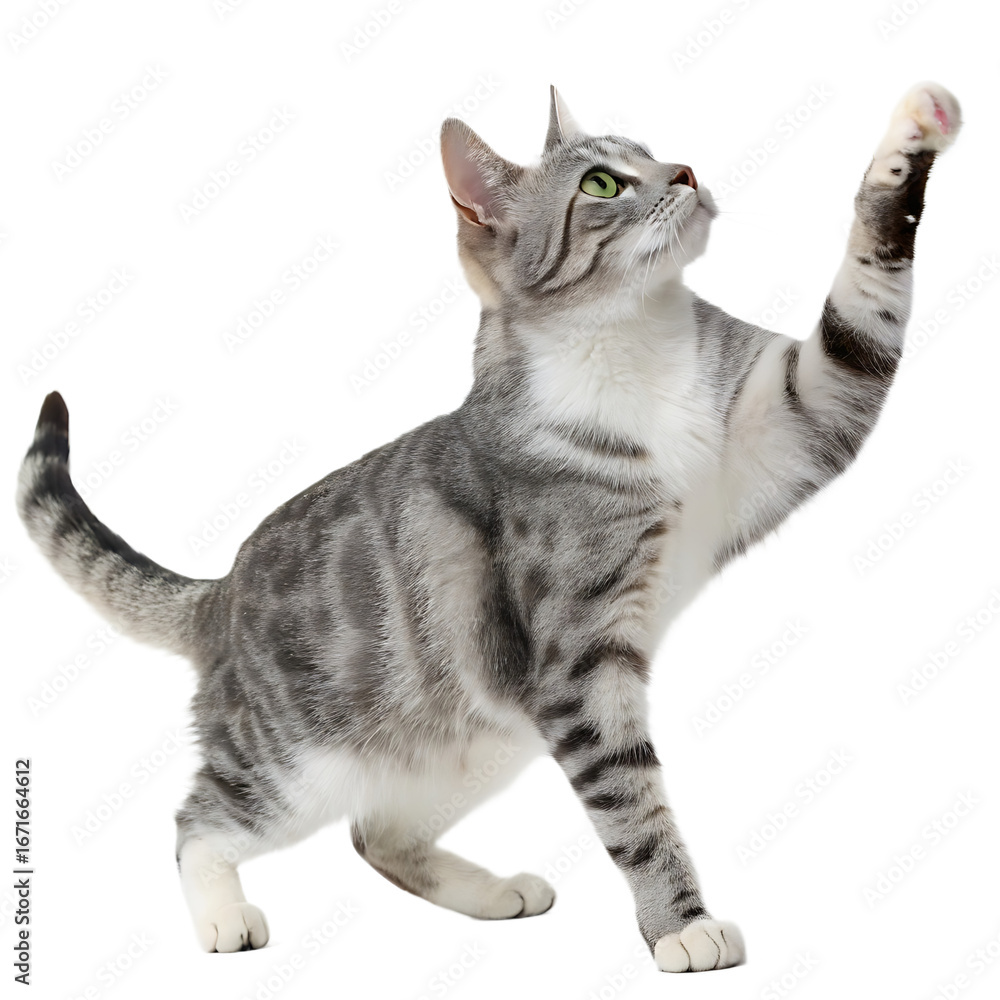 Fototapeta premium Cat standing on hind legs with front paws raised, showcasing playful and curious behavior with a striped gray and white fur pattern
