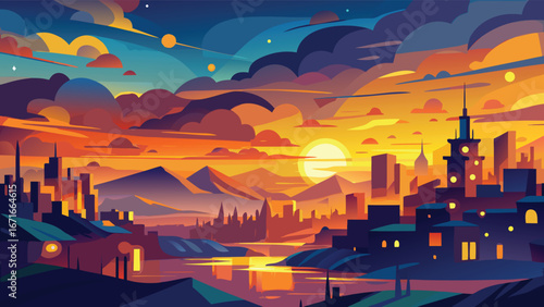 City at sunset. City landscape. Vector illustration in flat cartoon style